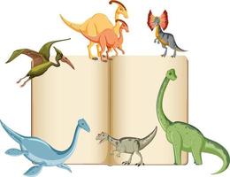 groupe de dinosaures autour de livre sur fond blanc vecteur