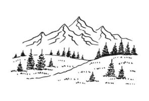 paysage avec montagnes et forêt. illustration dessinée à la main convertie en vecteur. vecteur
