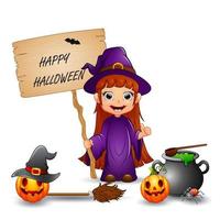 joyeux halloween avec une petite sorcière tenant une lettre en bois vecteur