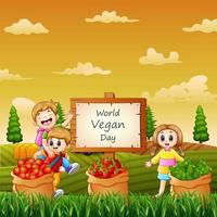 bonne journée mondiale végétalienne avec des enfants dans le jardin vecteur