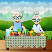 grands-parents heureux et différents fruits frais au fond de la nature vecteur