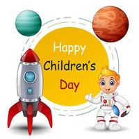 bonne fête des enfants avec garçon astronaute et planète sur cadre vecteur