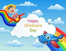 affiche de la fête des enfants heureux avec un enfant dans l'avion dans le ciel vecteur