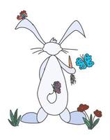 personnage de lapin drôle avec carotte et papillons vecteur