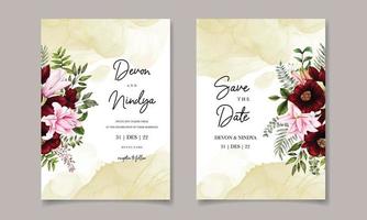 belle carte d'invitation de mariage avec décoration florale bordeaux vecteur