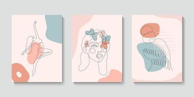 sertie de 3 femmes abstraites un portrait en ligne continue. illustration de style minimaliste moderne pour affiches, impressions de t-shirts, avatars, cartes postales. conception graphique de dessin à une seule ligne vecteur