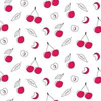 contour de cerises de doodle de modèle sans couture avec des taches. entiers, morceaux et feuilles. vecteur