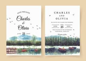 invitation de mariage aquarelle avec reflet de forêt de pins et bateau dans le lac vecteur