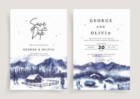 invitation de mariage ensemble de paysage d'hiver avec maison et aquarelle de montagne glacée vecteur