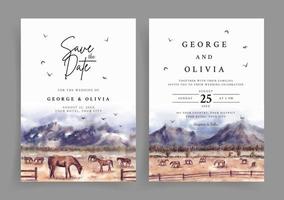 invitation de mariage de chevaux dans la savane nature paysage aquarelle vecteur