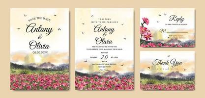 invitation de mariage aquarelle du paysage naturel du lever du soleil avec de belles fleurs rouges vecteur