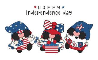 groupe de trois mignons gnomes de rock star américains heureux célèbrent le jour de l'indépendance, bannière de vecteur de dessin de dessin animé amusant mignon.