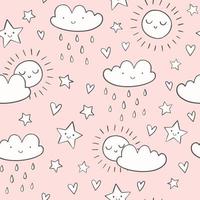 modèle sans couture de vecteur de doodle. soleil, nuages, gouttes de pluie, étoiles. illustration du ciel pour baby shower ou crèche.