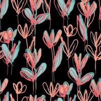 motif abstrait de fleurs rouges et oranges. motif floral vectoriel dessiné à la main tendance. texture transparente pour le web, le textile et la papeterie. fleurs et feuilles abstraites lumineuses modernes.