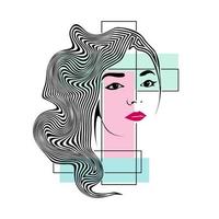 art de visage de femme avec des cheveux de ligne abstraite ondulés vecteur