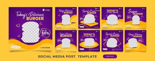 dépliant violet et orange ou bannière de médias sociaux pour le poste de vente de hamburgers vecteur