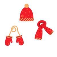 ensemble de bonnet, écharpe, mitaines en rouge avec un motif de flocon de neige, hiver vecteur