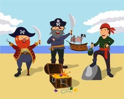 les pirates de la mer ont trouvé un coffre au trésor, personnages de dessins animés pirates illustrations vectorielles plates avec des trésors. vecteur