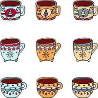 tasses à thé et à café sommaires dessinées à la main. tasses de noël douillettes vecteur