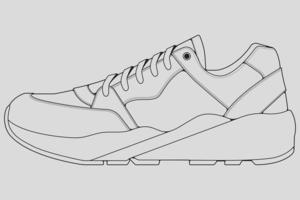 vecteur de dessin de contour de baskets de chaussures, baskets dessinées dans un style de croquis, contour de modèle de formateurs de baskets de ligne noire, illustration vectorielle.