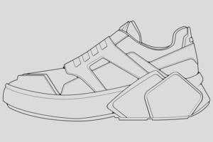 vecteur de dessin de contour de baskets de chaussures, baskets dessinées dans un style de croquis, contour de modèle de formateurs de baskets de ligne noire, illustration vectorielle.