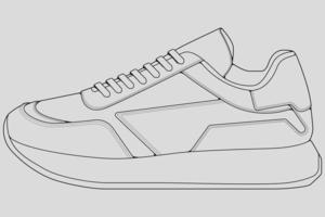 vecteur de dessin de contour de baskets de chaussures, baskets dessinées dans un style de croquis, contour de modèle de formateurs de baskets de ligne noire, illustration vectorielle.