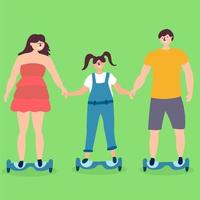 famille avec un enfant monter sur un hoverboard. transports éco-responsables vecteur