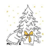 le père noël s'est assis sous un sapin pour déposer un gros cadeau avec un arc jaune. doodle santa, dessiné à la main, s'est agenouillé pour mettre une surprise sous le sapin. illustration vectorielle stock noir sur blanc isolé. vecteur