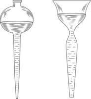 croquis d'une expérience et d'un équipement de laboratoire de physique ou de chimie. flacons en verre pharmaceutiques vectoriels, béchers et tubes à essai dans l'ancien style de gravure. vecteur