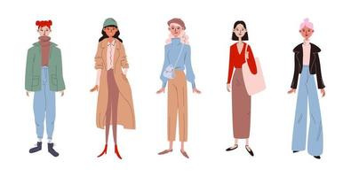 ensemble de filles élégantes à la mode vêtues de vêtements décontractés. collection de tenues à la mode avec des accessoires dans un doodle plat. diverses jeunes belles femmes se tiennent dans des couleurs colorées. illustration vectorielle vecteur