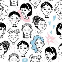 noir harmonieux sur fond blanc avec des jeunes femmes. doodle dessinés à la main divers visages féminins multiculturels. illustration vectorielle girly en style cartoon. vecteur