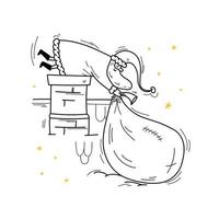 doodle santa descend la cheminée. le père noël traîne un grand sac lourd de cadeaux dans la cheminée en brique et pend ses jambes. illustration de stock de vecteur isolé sur fond blanc.
