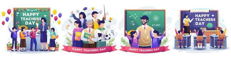 ensemble de bonne journée des enseignants avec l'enseignant et les élèves célèbre la journée des enseignants. illustration vectorielle de style plat vecteur
