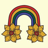 arc-en-ciel lumineux avec icône de vecteur de marguerites jaunes. illustration rétro dessinée à la main, style années 70. impression hippie groove pour la décoration, la conception de t-shirts, la carte, l'autocollant. clipart psychédélique de dessin animé. griffonnage vintage