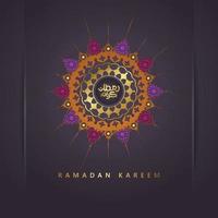 design luxueux ramadan kareem avec calligraphie arabe et fond d'ornement d'art islamique en mosaïque florale de cercle. vecteur