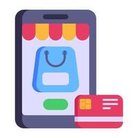 sac à provisions à l'intérieur du mobile, concept d'icône plate de commerce électronique vecteur