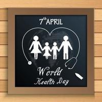 concept de la journée mondiale de la santé avec une famille en bonne santé sous stéthoscope sur tableau noir sur table en bois vecteur