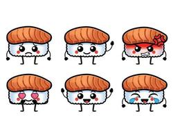 personnages drôles de sashimi de sushi au saumon avec un visage mignon vecteur