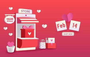 boutique en ligne dans le concept de l'amour ou de la saint-valentin.téléphones mobiles, coeurs, chariot, lettre d'amour et coffrets cadeaux représentent l'amour sur fond rose.application shopping dans le smartphone. conception pour bannière, publicité, web. vecteur