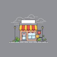 magasin de vecteur ou marché. bâtiment de magasin plat avec scooter sur fond gris. vue de face de façade de magasin de style dessin animé plat. illustration vectorielle