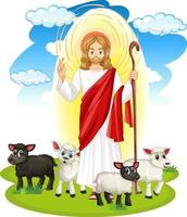 jésus christ et animaux en style cartoon vecteur