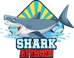 un logo marin avec un grand requin bleu et un texte d'attaque de requin vecteur