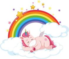 licorne rose allongée sur un nuage avec arc-en-ciel en style cartoon vecteur