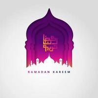 design luxueux et élégant ramadan kareem avec calligraphie arabe, lanterne traditionnelle et mosquée de porte colorée de gradation pour les salutations islamiques vecteur