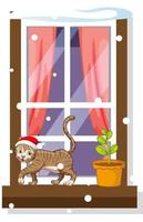 chat de noël marchant sur une fenêtre étroite avec des chutes de neige vecteur
