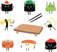 vecteur série de personnages de dessins animés drôles sushi et rouleaux
