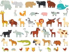 grand ensemble d'animaux de dessin animé. une girafe, un lion, un éléphant, un zèbre, un hippopotame, un lémurien, un buffle, un guépard, une antilope, une hyène, une baleine. etc