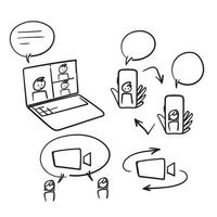 doodle dessiné à la main ensemble simple d'icône d'illustration liée à la vidéoconférence vecteur