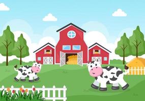 images de vaches laitières avec vue sur un pré ou une ferme à la campagne pour manger de l'herbe dans un style plat d'illustration vecteur