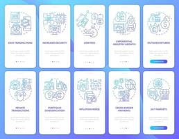 avantages de posséder un ensemble d'écrans d'application mobile d'intégration de dégradé bleu crypto. pas à pas en 5 étapes pages d'instructions graphiques avec des concepts linéaires. ui, ux, modèle d'interface graphique. une myriade de polices pro-gras régulières utilisées vecteur